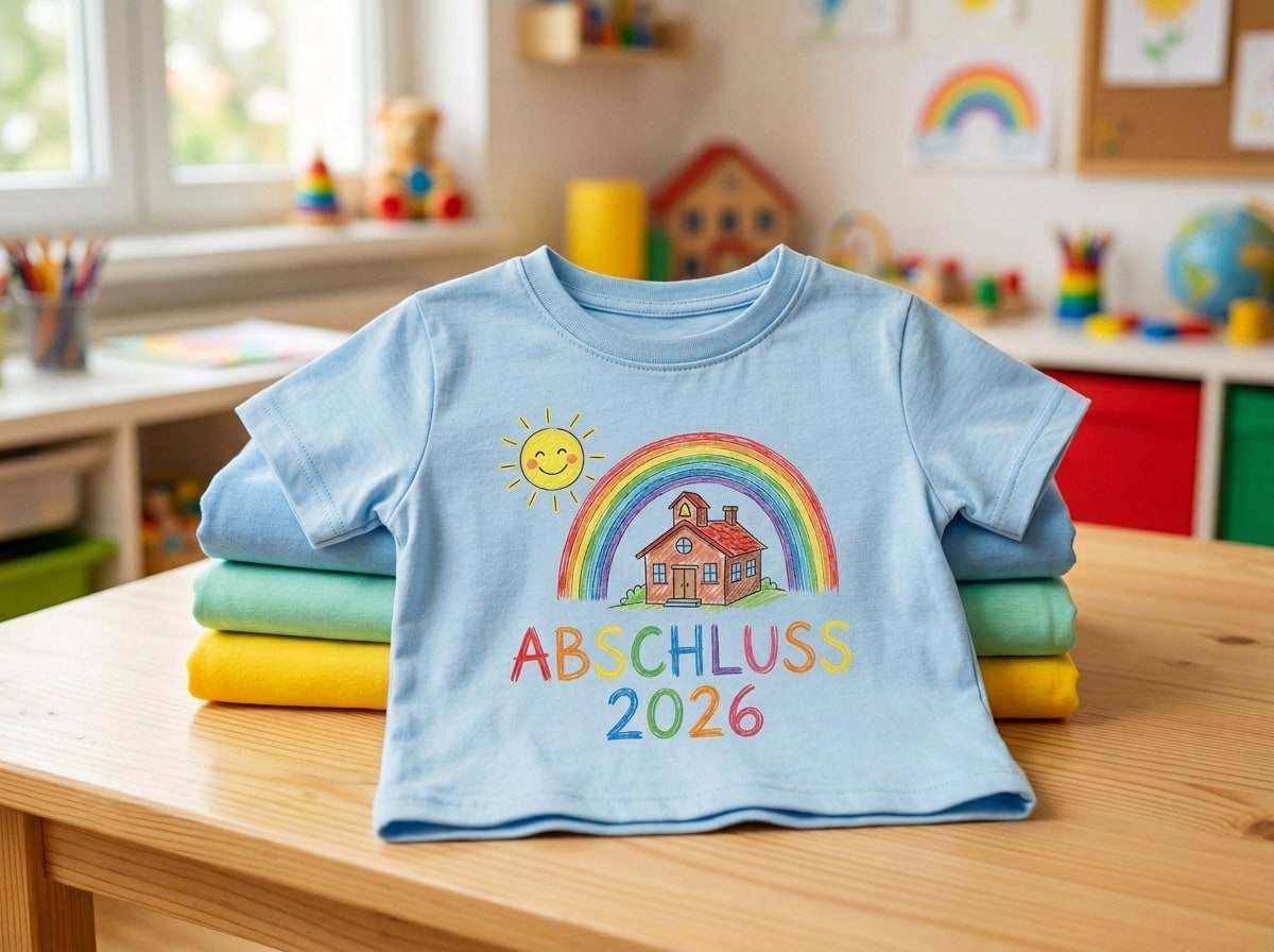 Kids' 2026 graduation shirt with a child-friendly design of a sun, rainbow and schoolhouse – printed by Stoff3 Kassel
